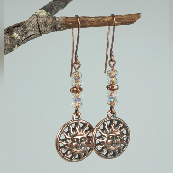 HAND CRAFTED Copper Sun Face Dangle Earrings Artisan Glass Celestial - Picture 3 of 6